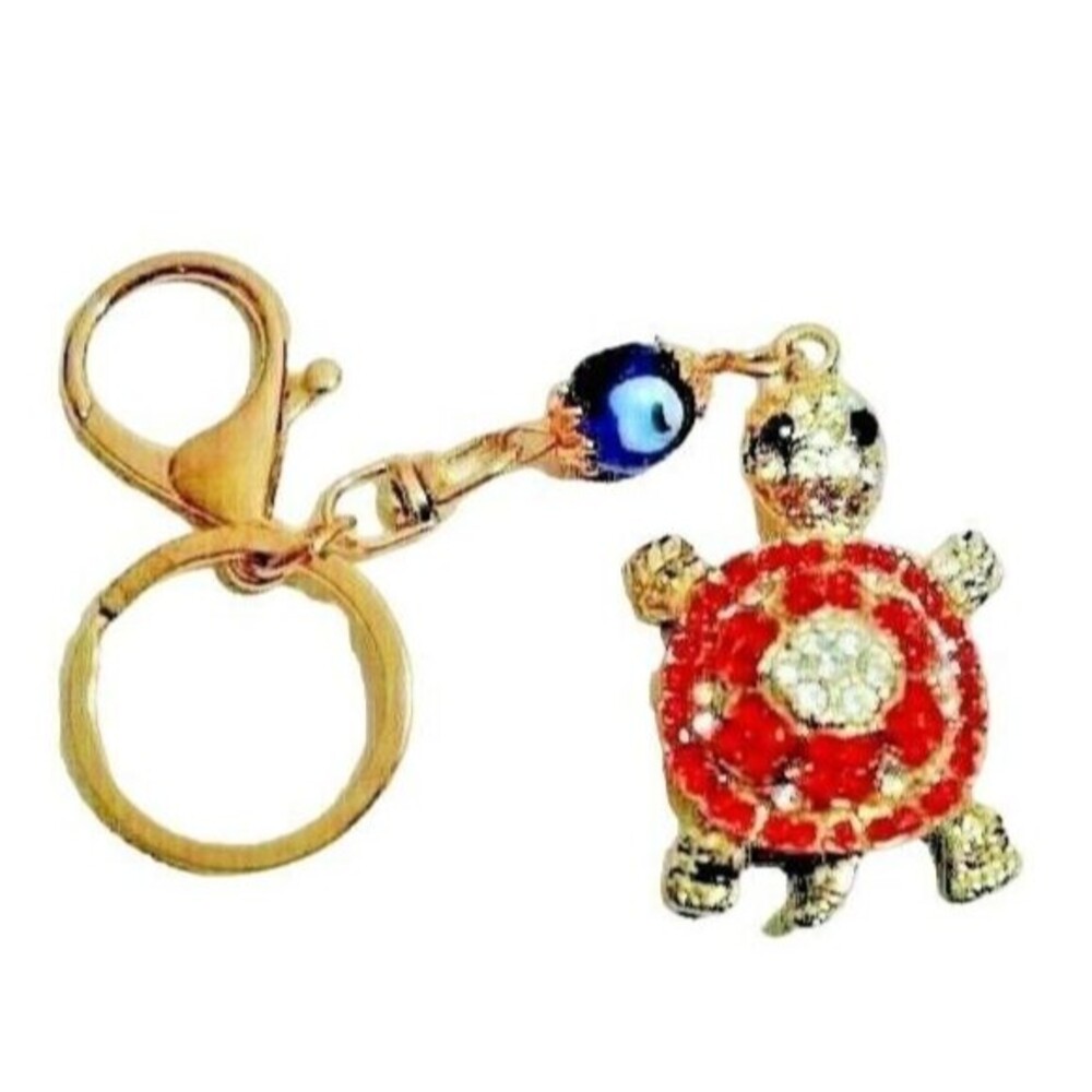 Turtle Key Chain Purse Gold Metal Keyring Red Clear Rhinestones Blue Bead NEW